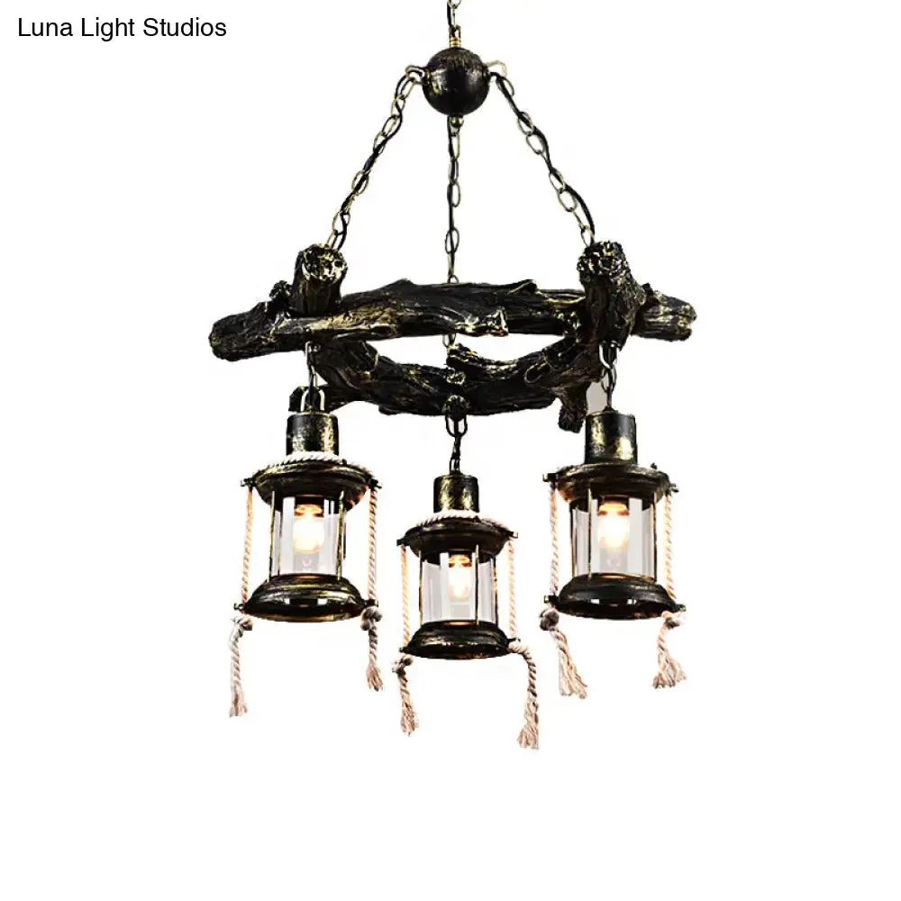 Coastal Bronze Chandelier Light Fixture with Clear Glass, 3 Lights and Kerosene Pendant Lamp