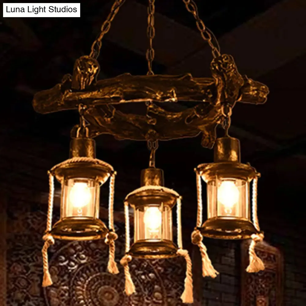 Coastal Bronze Chandelier Light Fixture with Clear Glass, 3 Lights and Kerosene Pendant Lamp