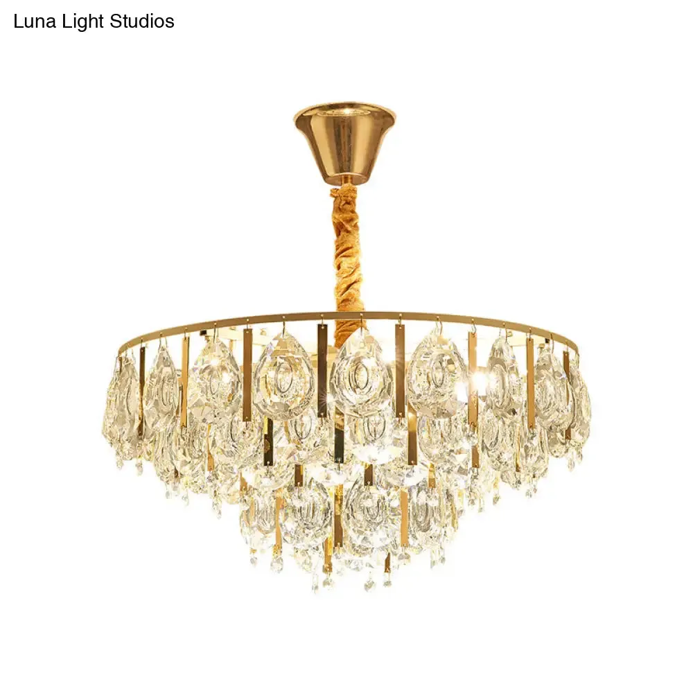 Contemporary Round Teardrop Crystal Hanging Light Kit: 3/4 Lights Gold Chandelier, 16"/19.5" Wide