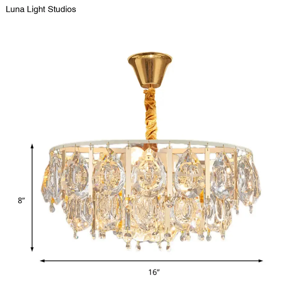 Contemporary Round Teardrop Crystal Hanging Light Kit: 3/4 Lights Gold Chandelier, 16"/19.5" Wide