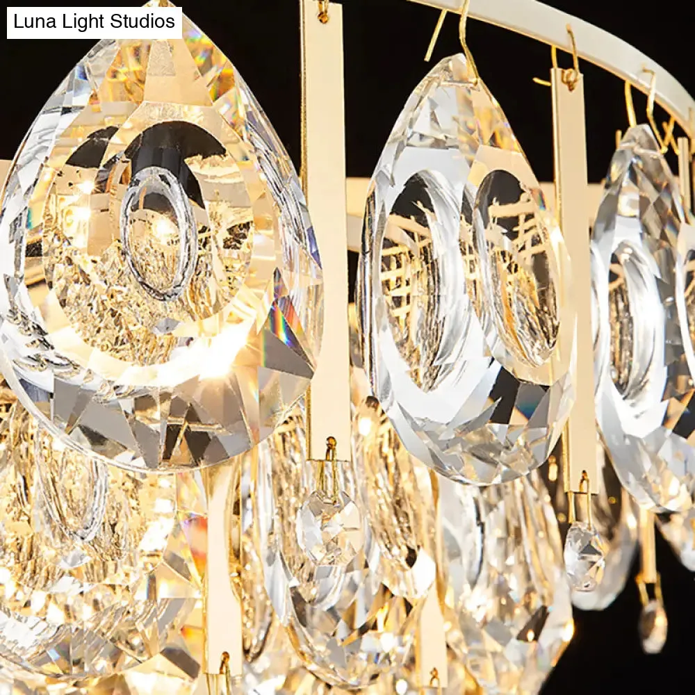 Contemporary Round Teardrop Crystal Hanging Light Kit: 3/4 Lights Gold Chandelier, 16"/19.5" Wide