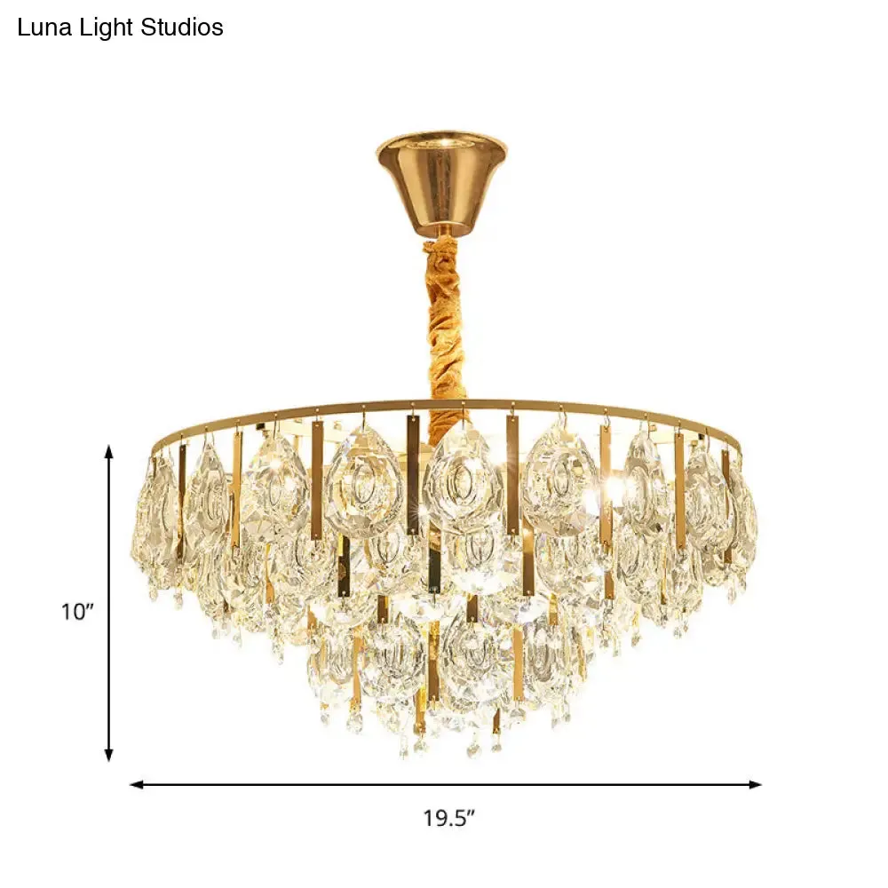 Contemporary Round Teardrop Crystal Hanging Light Kit: 3/4 Lights Gold Chandelier, 16"/19.5" Wide