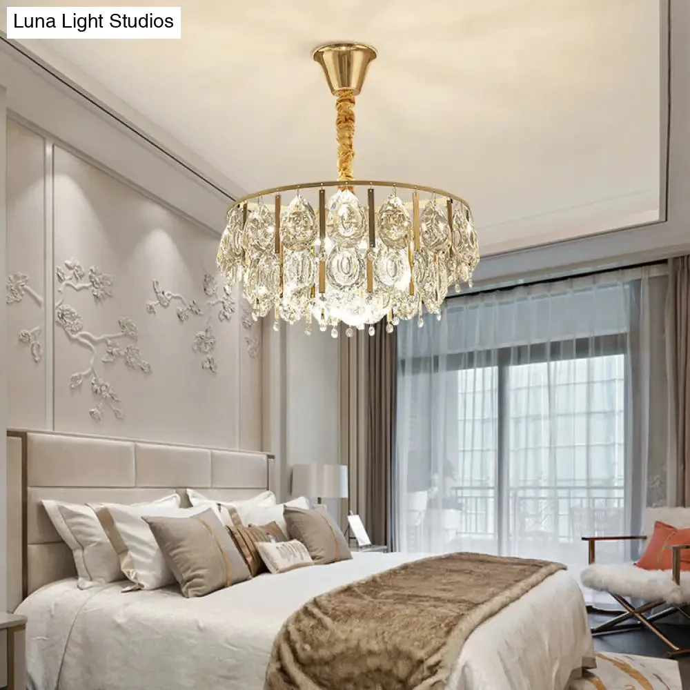 Contemporary Round Teardrop Crystal Hanging Light Kit: 3/4 Lights Gold Chandelier, 16"/19.5" Wide