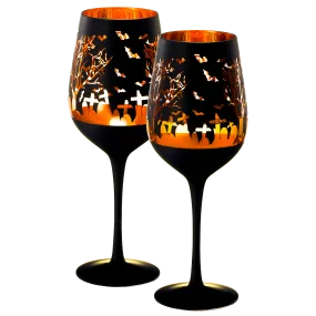 Crystal Halloween Stemmed Wine Glasses - Set of 2 - Themed Vibrant Black & Gold Etched Spooky Graveyard Pattern Frosted Glass, Perfect for Themed Gothic Parties Trick Or Treat Gift For Him Her (14 OZ) by The Wine Savant