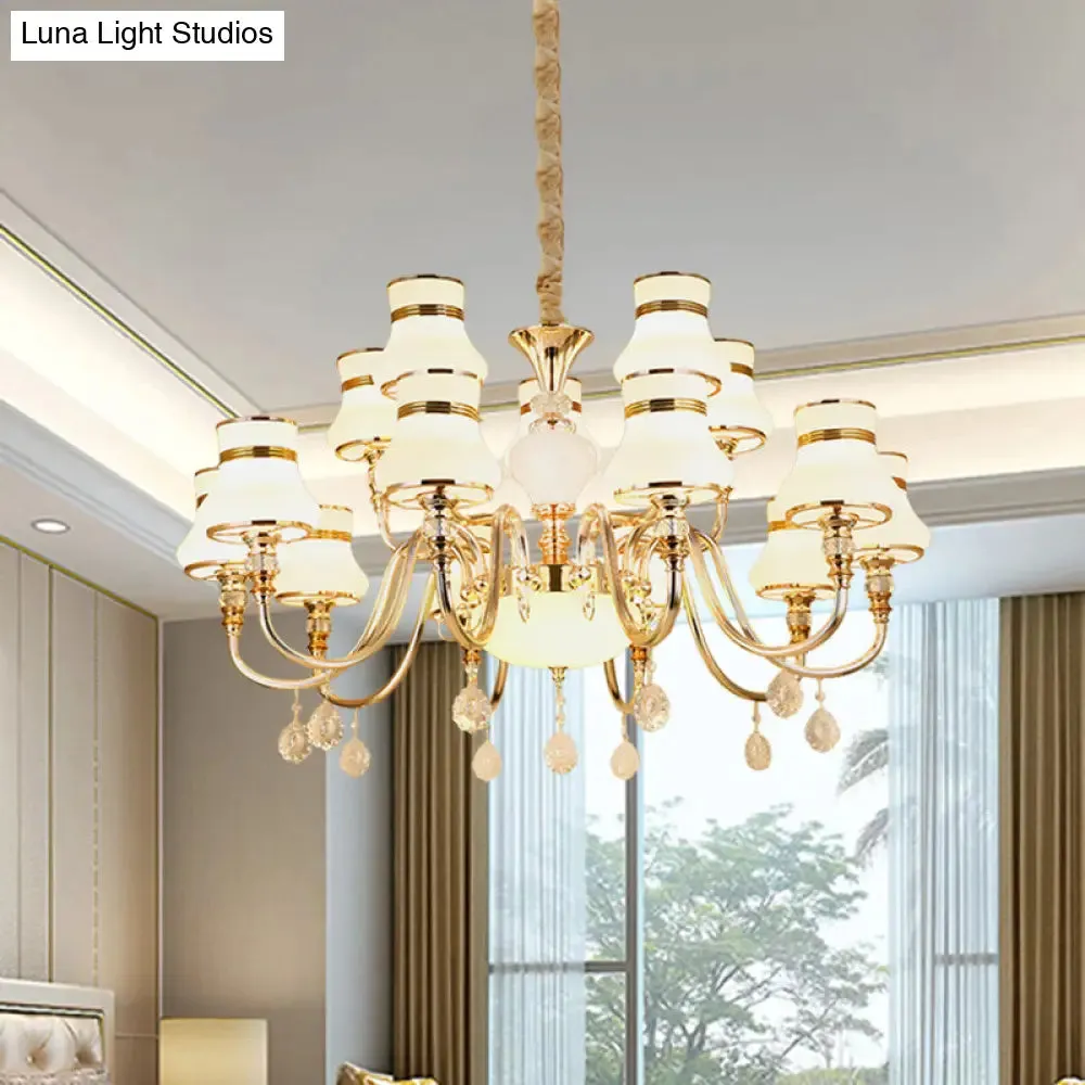 Curvy Arm Suspension Chandelier with 15 Opal Glass Bulbs - Gold Finish