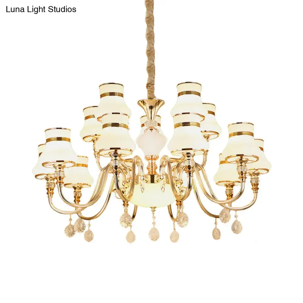 Curvy Arm Suspension Chandelier with 15 Opal Glass Bulbs - Gold Finish