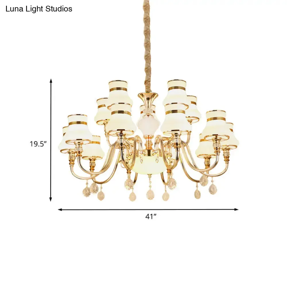 Curvy Arm Suspension Chandelier with 15 Opal Glass Bulbs - Gold Finish