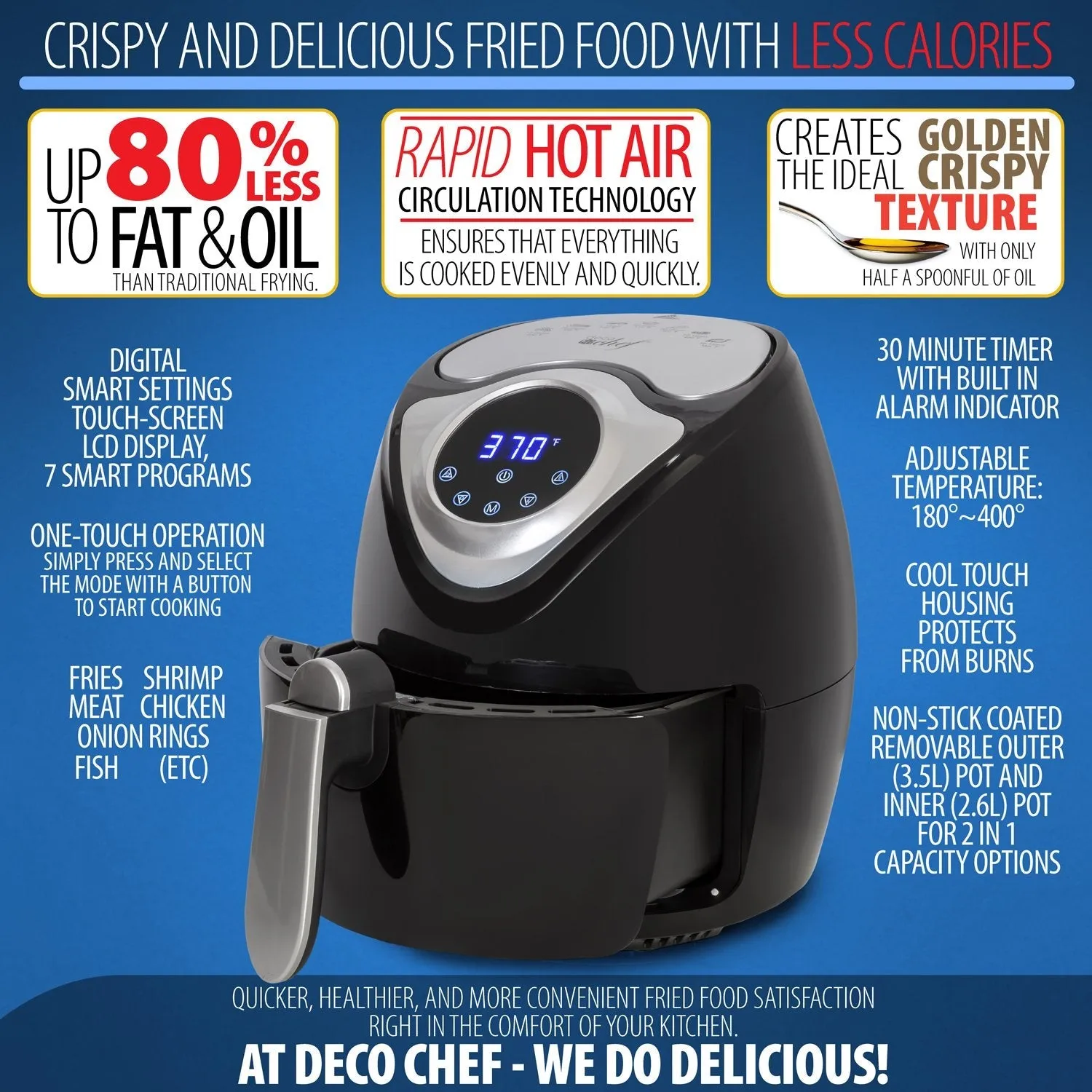 Deco Chef 3.7QT Personal Digital Air Fryer, 7 One-Touch Cooking Programs, 1300W, Black