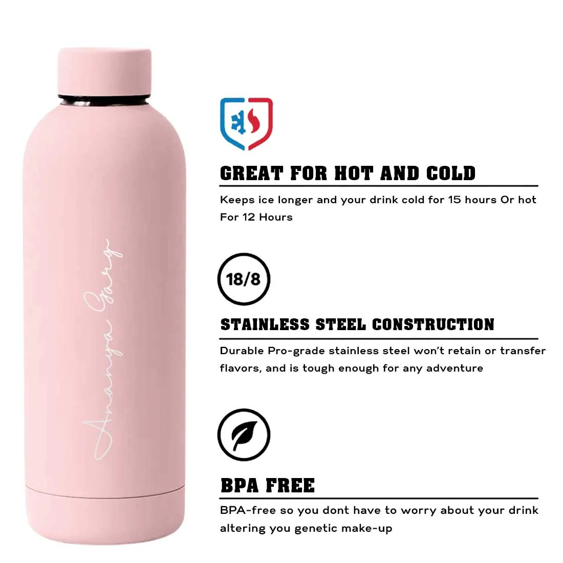 Double Insulated Water Bottle with Name 500ml Stainless Steel Bottles for Office Home Travel- BPA Free, Leakproof