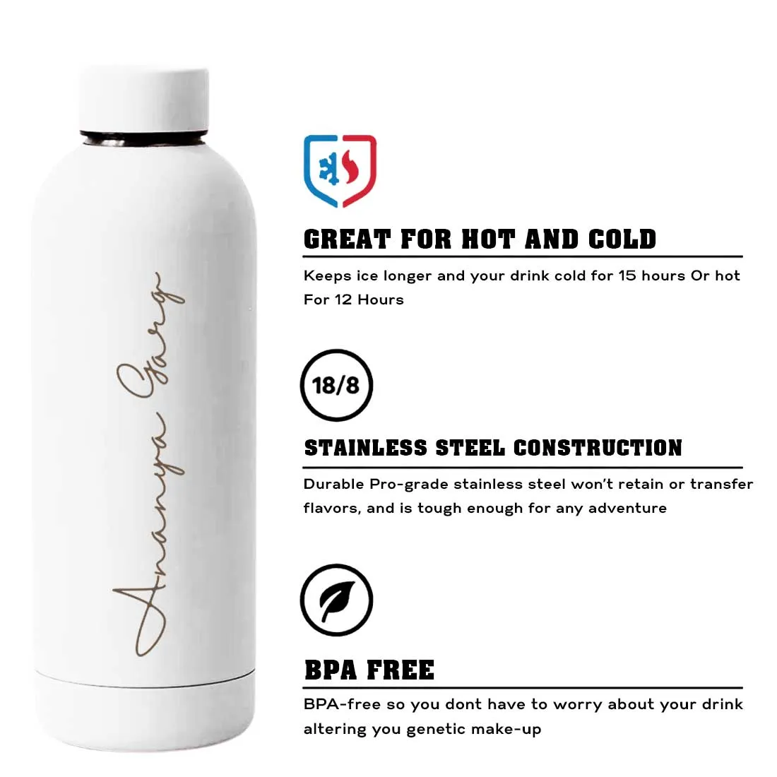 Double Insulated Water Bottle with Name 500ml Stainless Steel Bottles for Office Home Travel- BPA Free, Leakproof