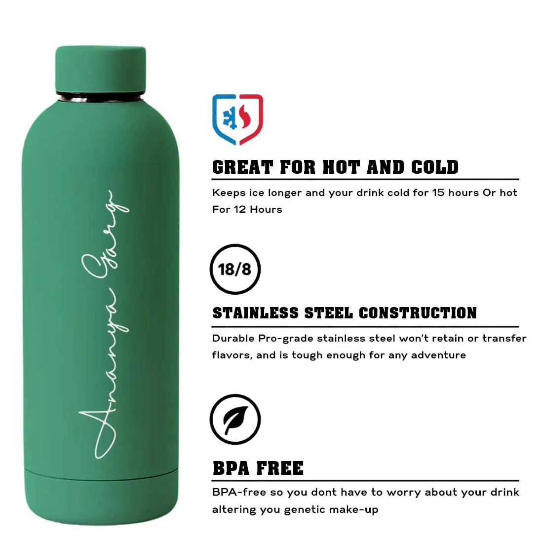 Double Insulated Water Bottle with Name 500ml Stainless Steel Bottles for Office Home Travel- BPA Free, Leakproof