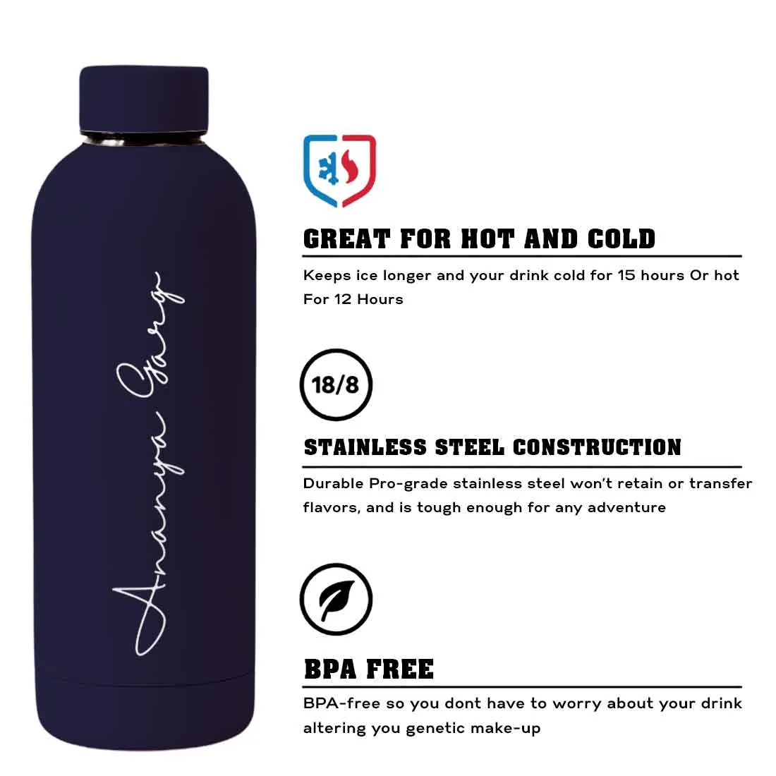 Double Insulated Water Bottle with Name 500ml Stainless Steel Bottles for Office Home Travel- BPA Free, Leakproof