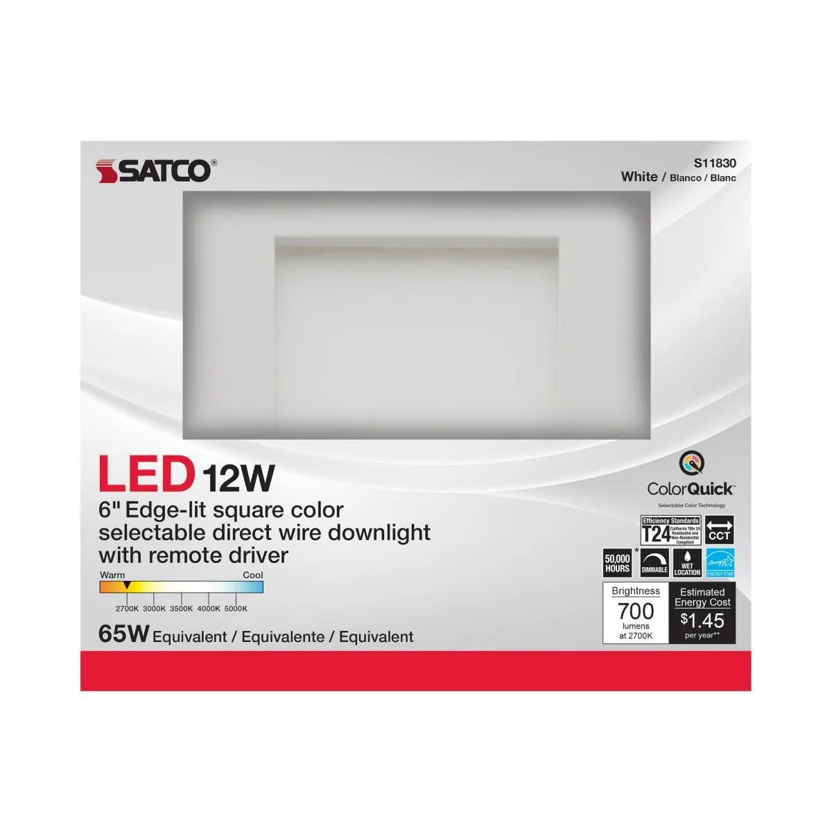 Edge-Lit 6 Inch Square Canless LED Recessed Light, 12 Watts, 700 Lm, 27K|30K|35K|40K|50K