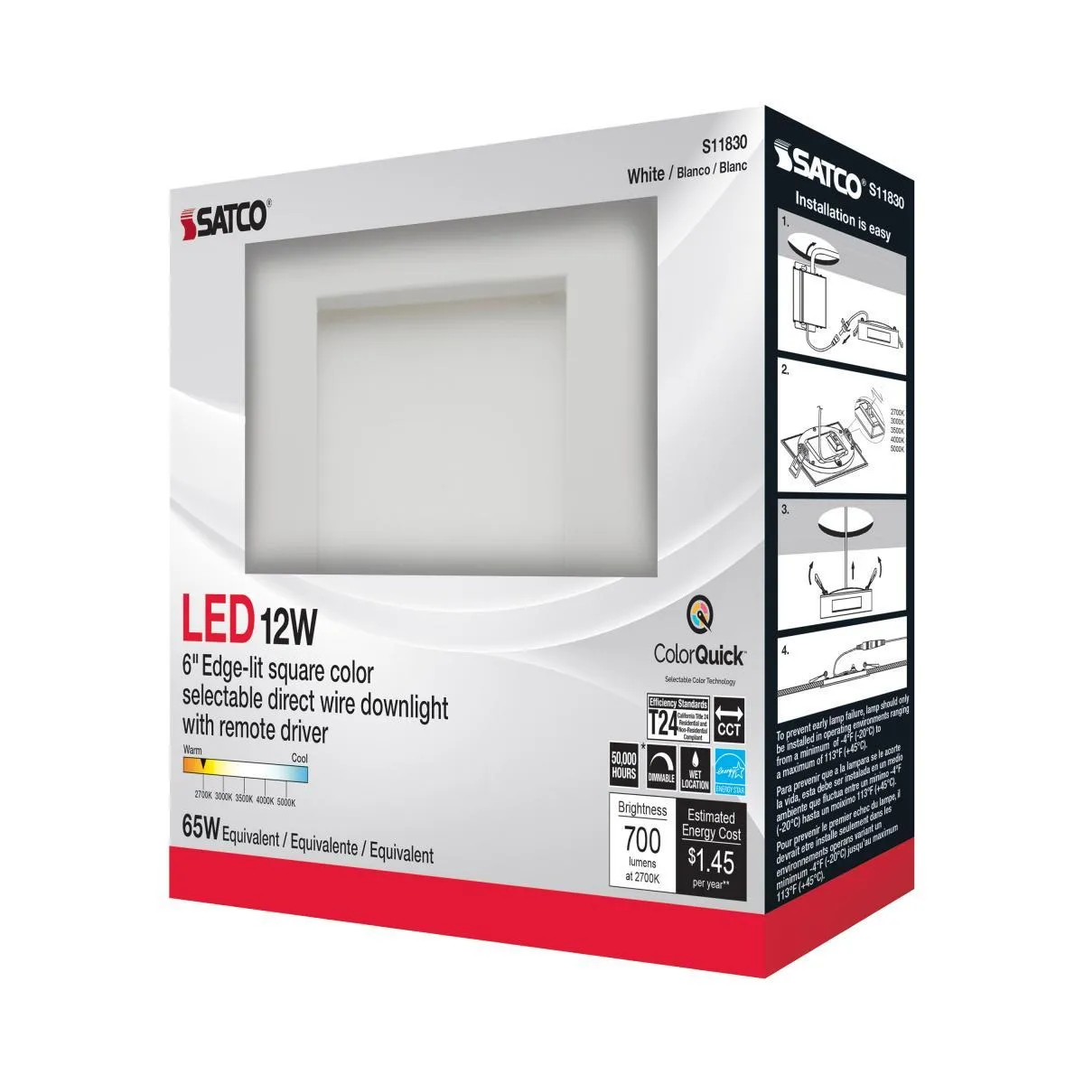 Edge-Lit 6 Inch Square Canless LED Recessed Light, 12 Watts, 700 Lm, 27K|30K|35K|40K|50K