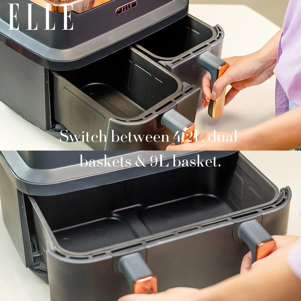 ELLE Air Fryer in Grey & Rose Gold, Triple Basket