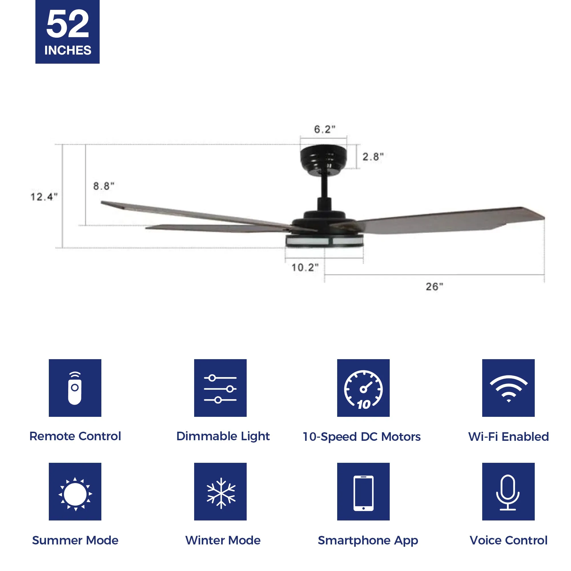 Explorer Smart Fan with LED Light and Remote Outdoor/Indoor 52 inch