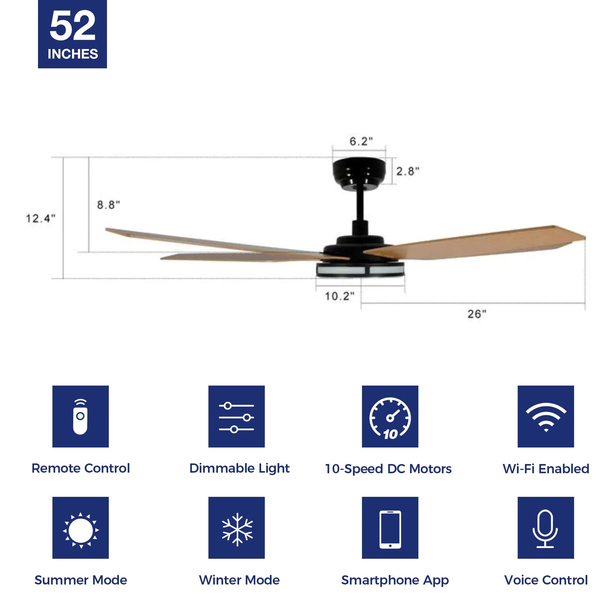 Explorer Smart Fan with LED Light and Remote Outdoor/Indoor 52 inch