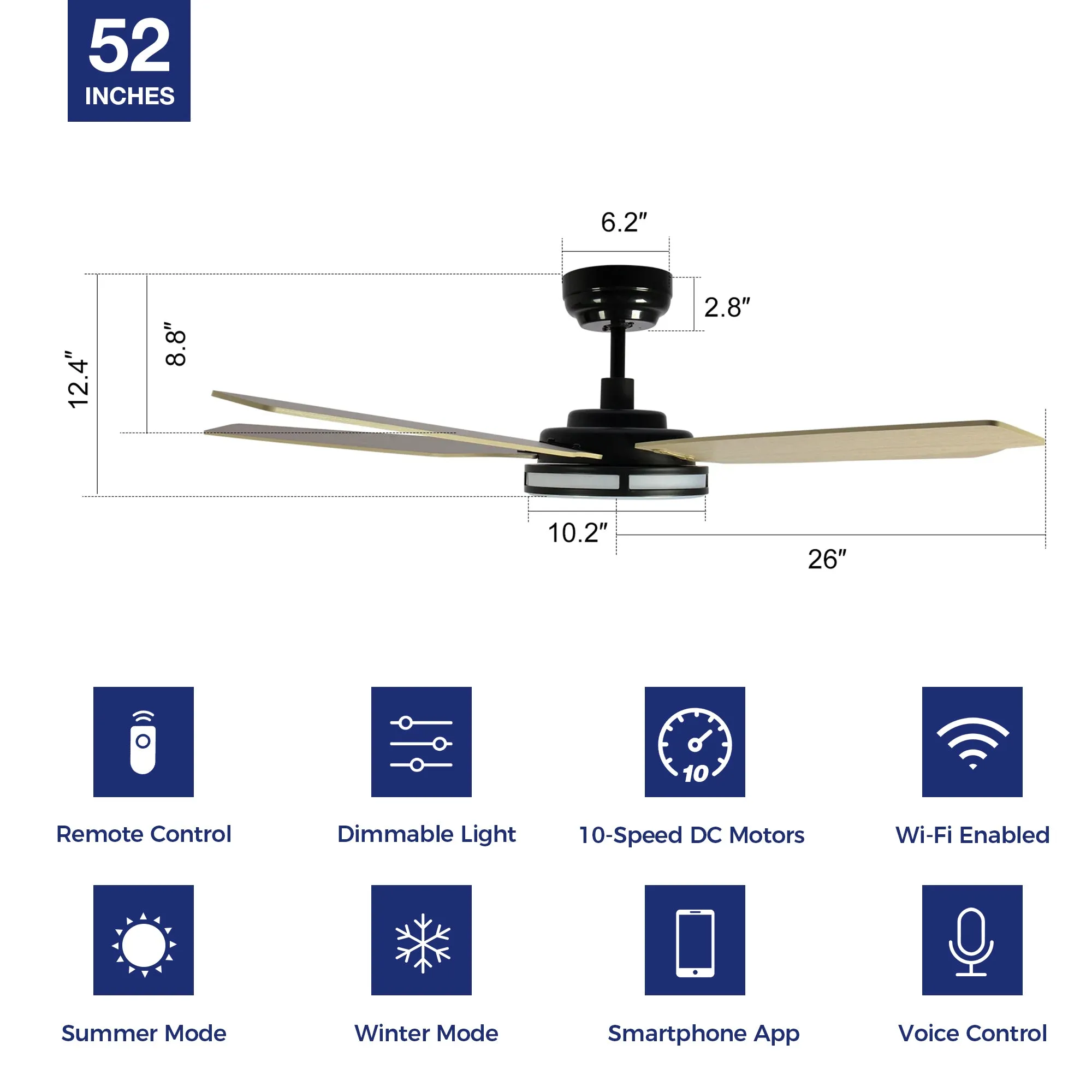 Explorer Smart Fan with LED Light and Remote Outdoor/Indoor 52 inch