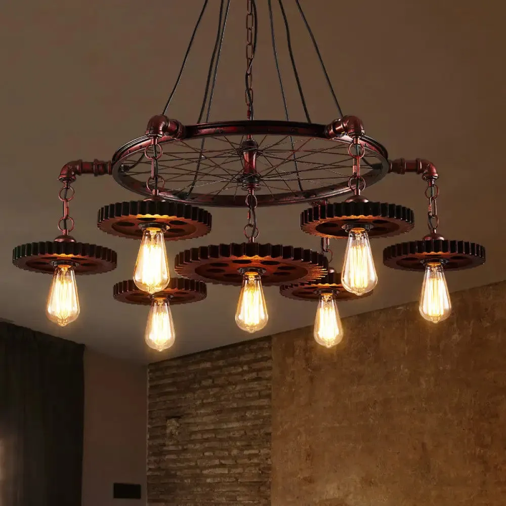 Farmhouse Style Rustic Chandelier Light with Exposed Bulbs - Gear Deco, 3/5/7 Heads - Ideal for Bars