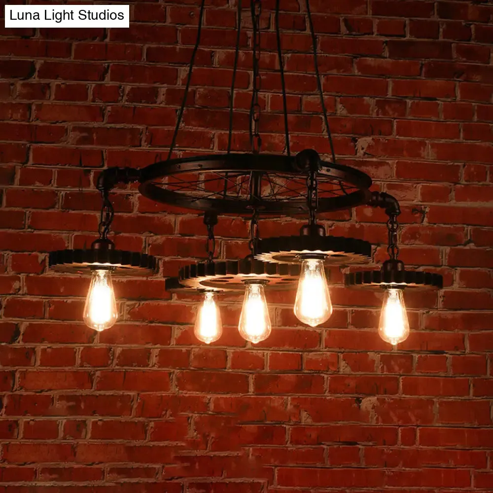 Farmhouse Style Rustic Chandelier Light with Exposed Bulbs - Gear Deco, 3/5/7 Heads - Ideal for Bars