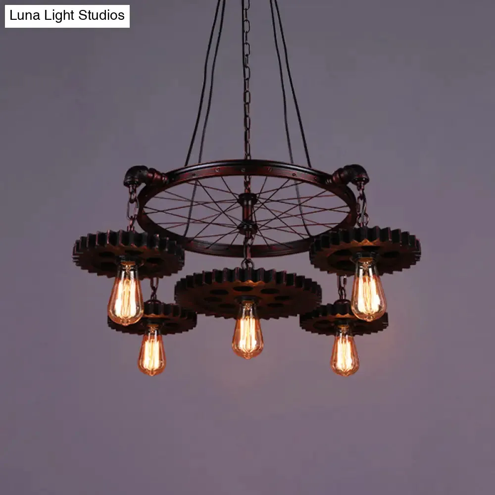 Farmhouse Style Rustic Chandelier Light with Exposed Bulbs - Gear Deco, 3/5/7 Heads - Ideal for Bars