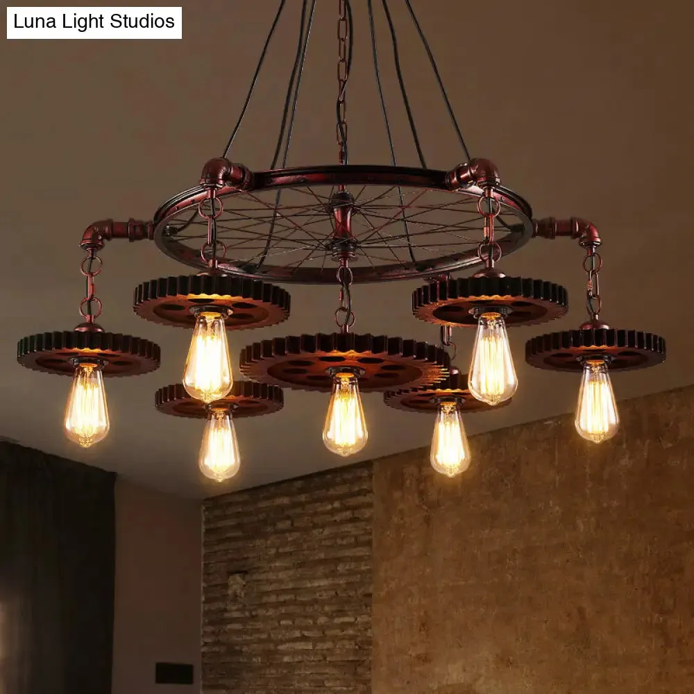 Farmhouse Style Rustic Chandelier Light with Exposed Bulbs - Gear Deco, 3/5/7 Heads - Ideal for Bars