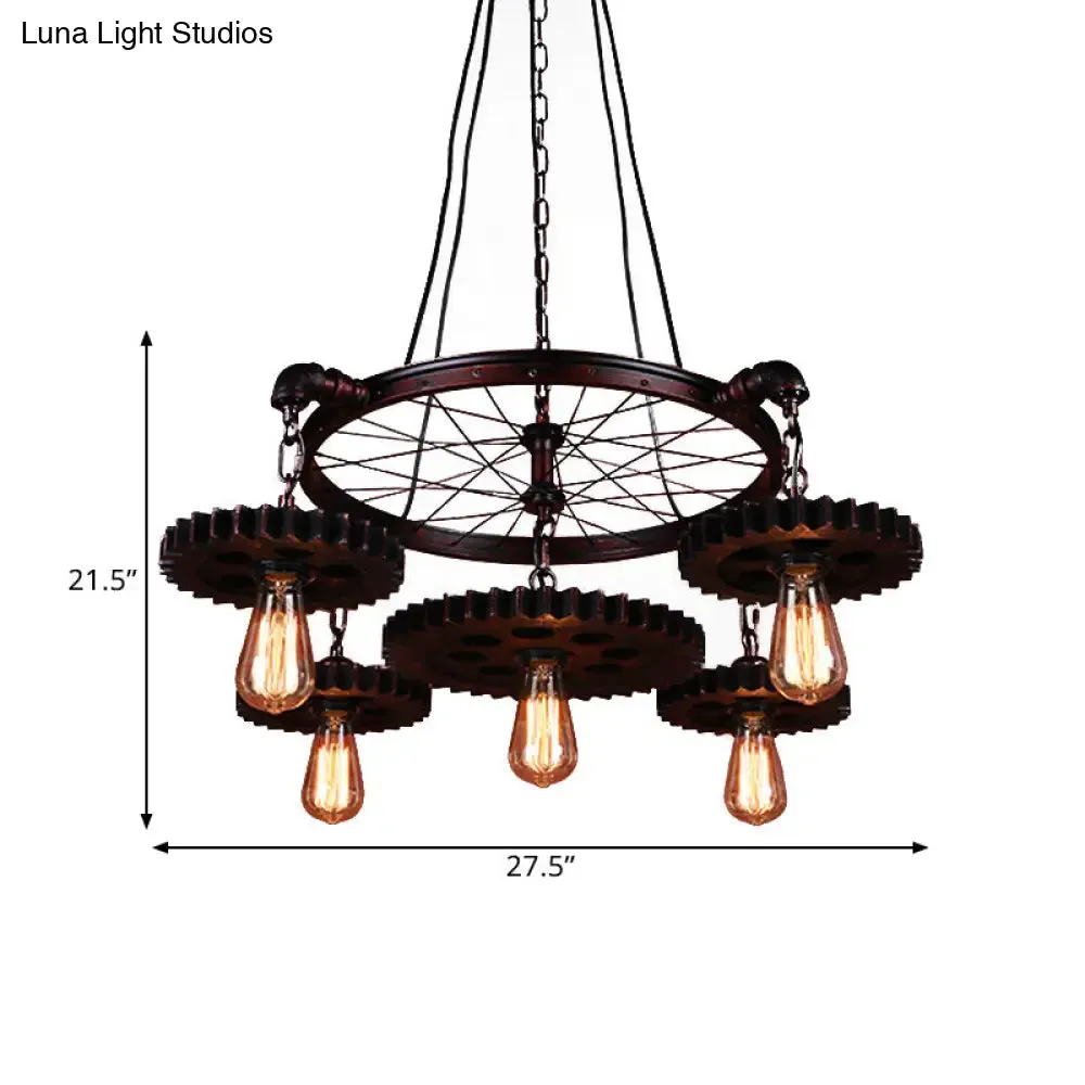 Farmhouse Style Rustic Chandelier Light with Exposed Bulbs - Gear Deco, 3/5/7 Heads - Ideal for Bars