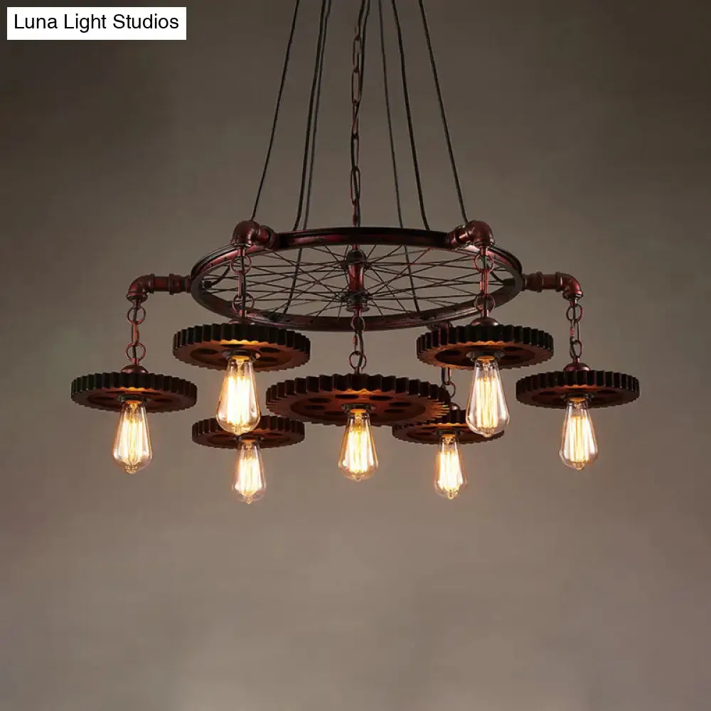 Farmhouse Style Rustic Chandelier Light with Exposed Bulbs - Gear Deco, 3/5/7 Heads - Ideal for Bars