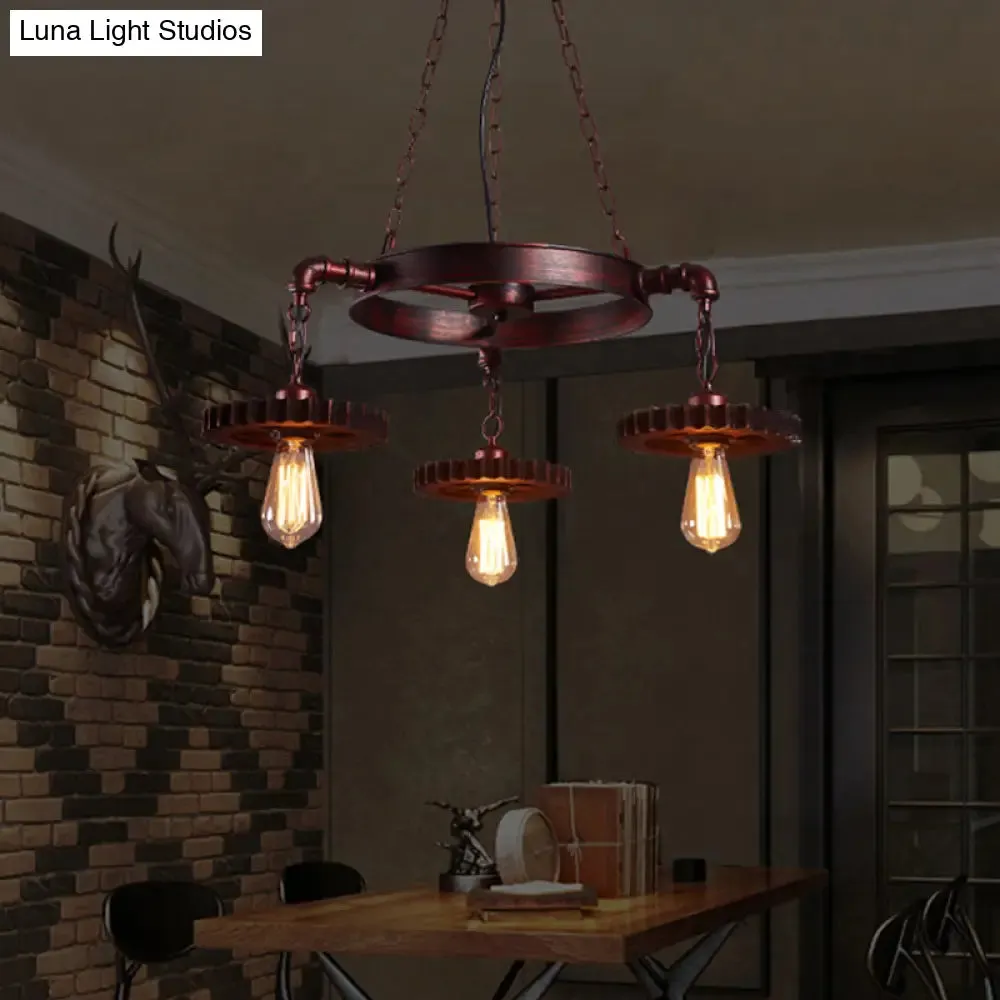 Farmhouse Style Rustic Chandelier Light with Exposed Bulbs - Gear Deco, 3/5/7 Heads - Ideal for Bars