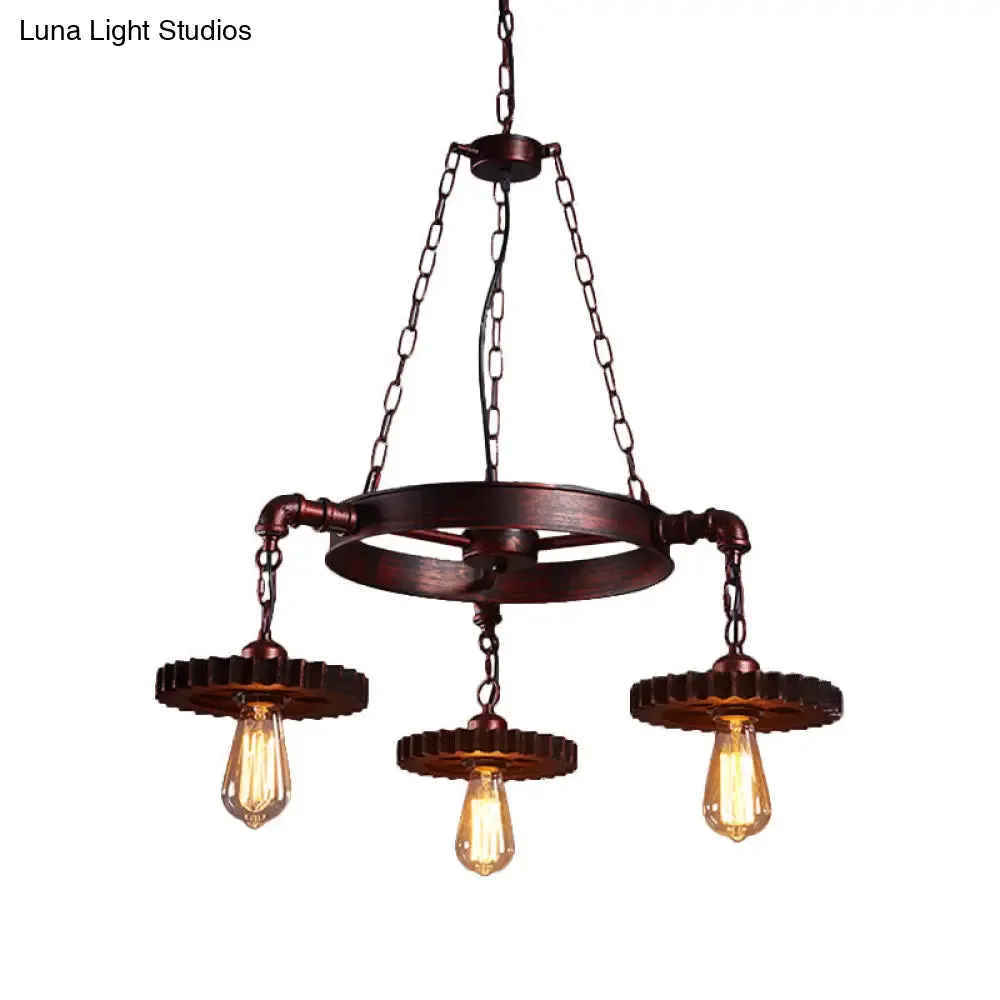 Farmhouse Style Rustic Chandelier Light with Exposed Bulbs - Gear Deco, 3/5/7 Heads - Ideal for Bars