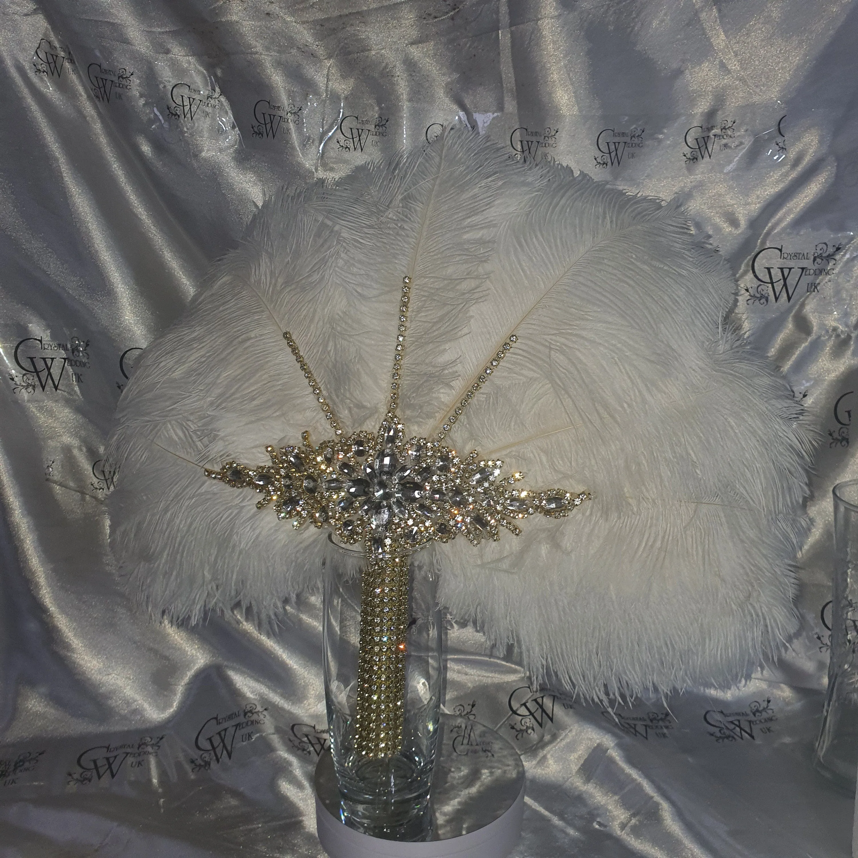 Feather fan  in natural white and gold , Ostrich feather wedding fan custom made by Crystal wedding uk