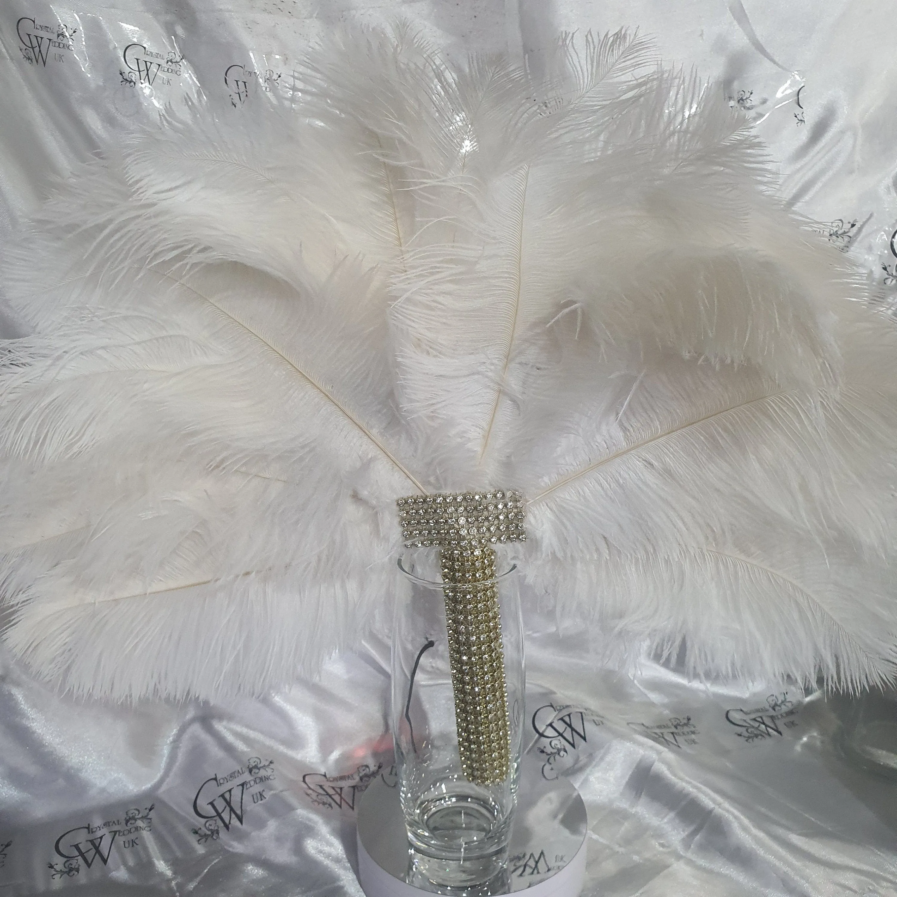 Feather fan  in natural white and gold , Ostrich feather wedding fan custom made by Crystal wedding uk