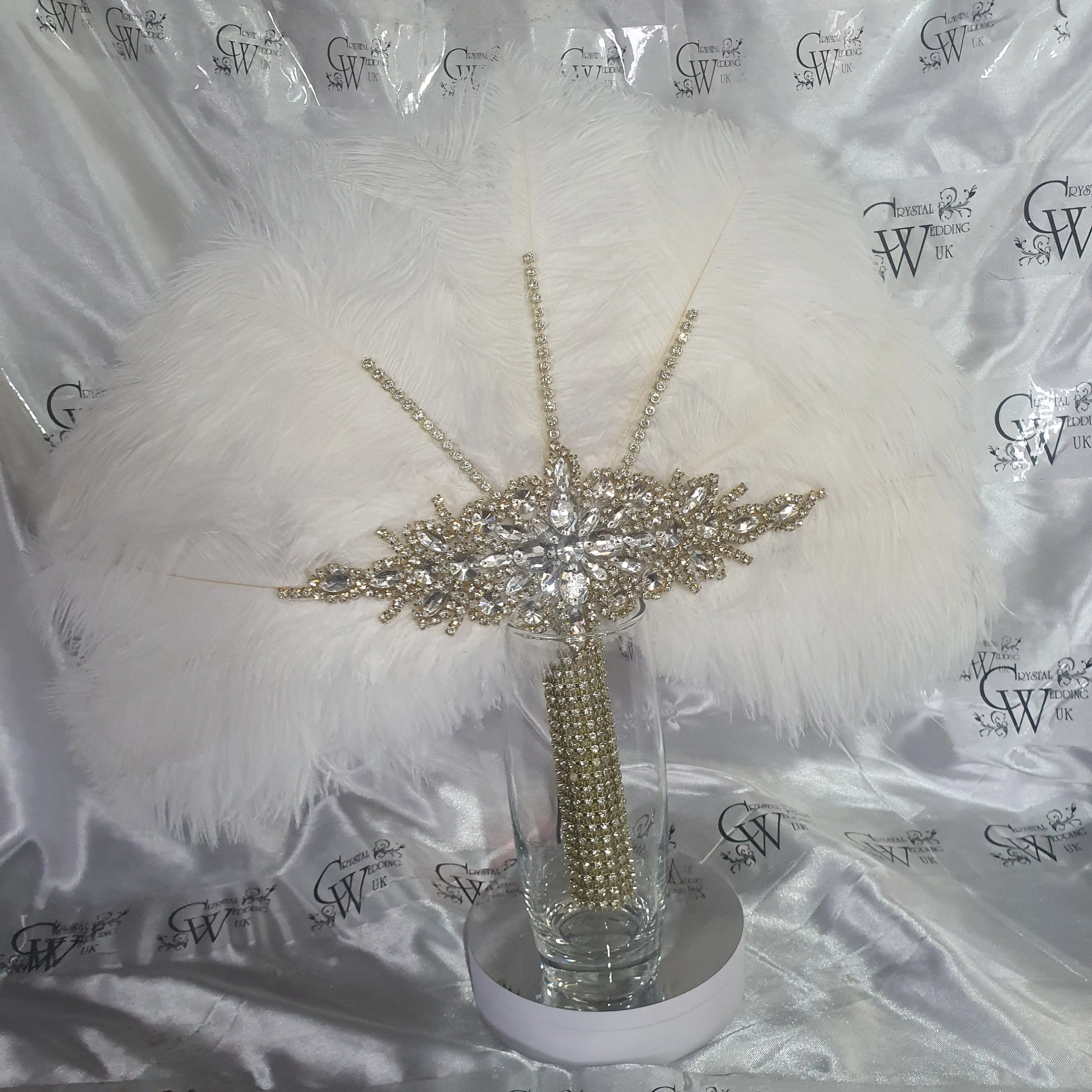 Feather fan  in natural white and gold , Ostrich feather wedding fan custom made by Crystal wedding uk