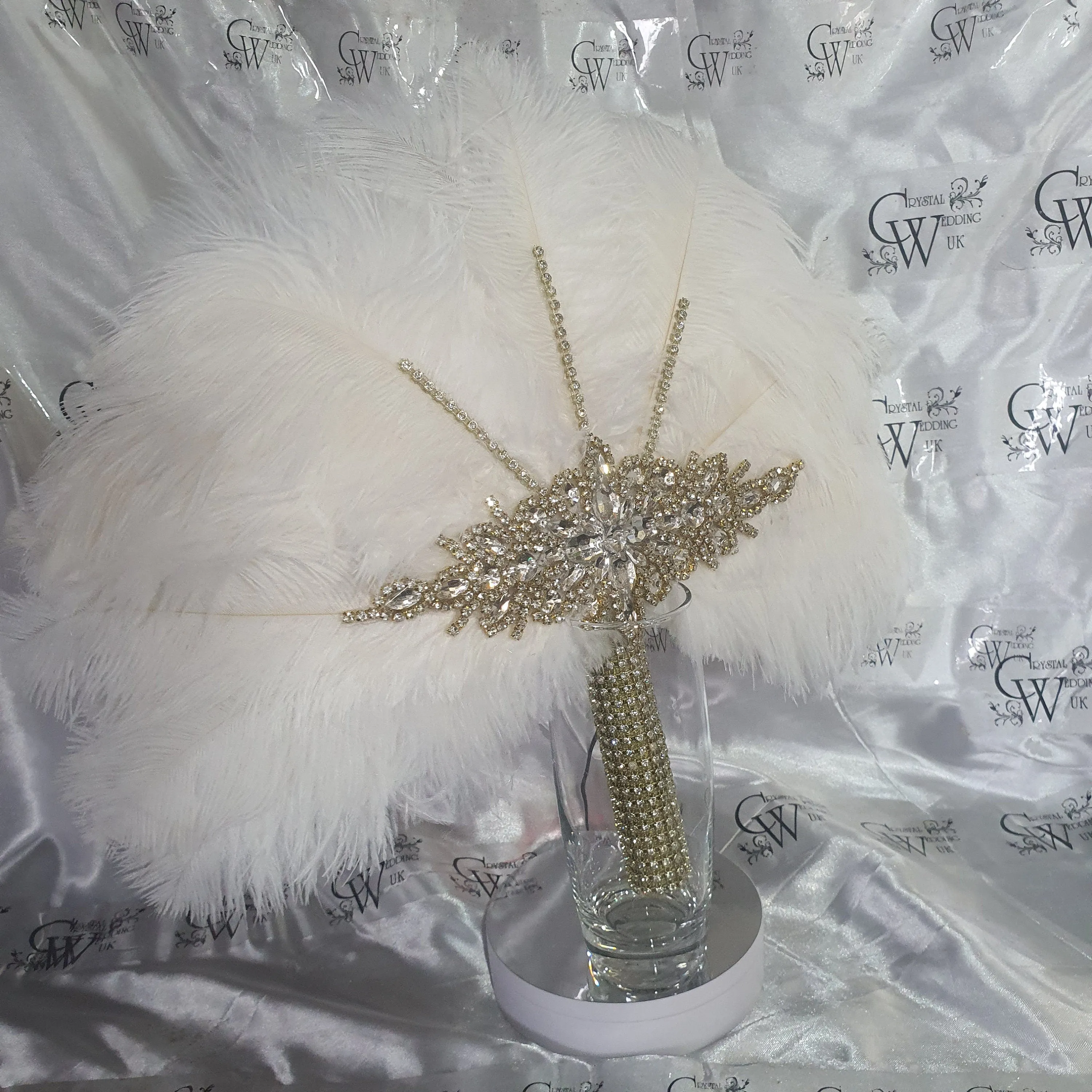 Feather fan  in natural white and gold , Ostrich feather wedding fan custom made by Crystal wedding uk