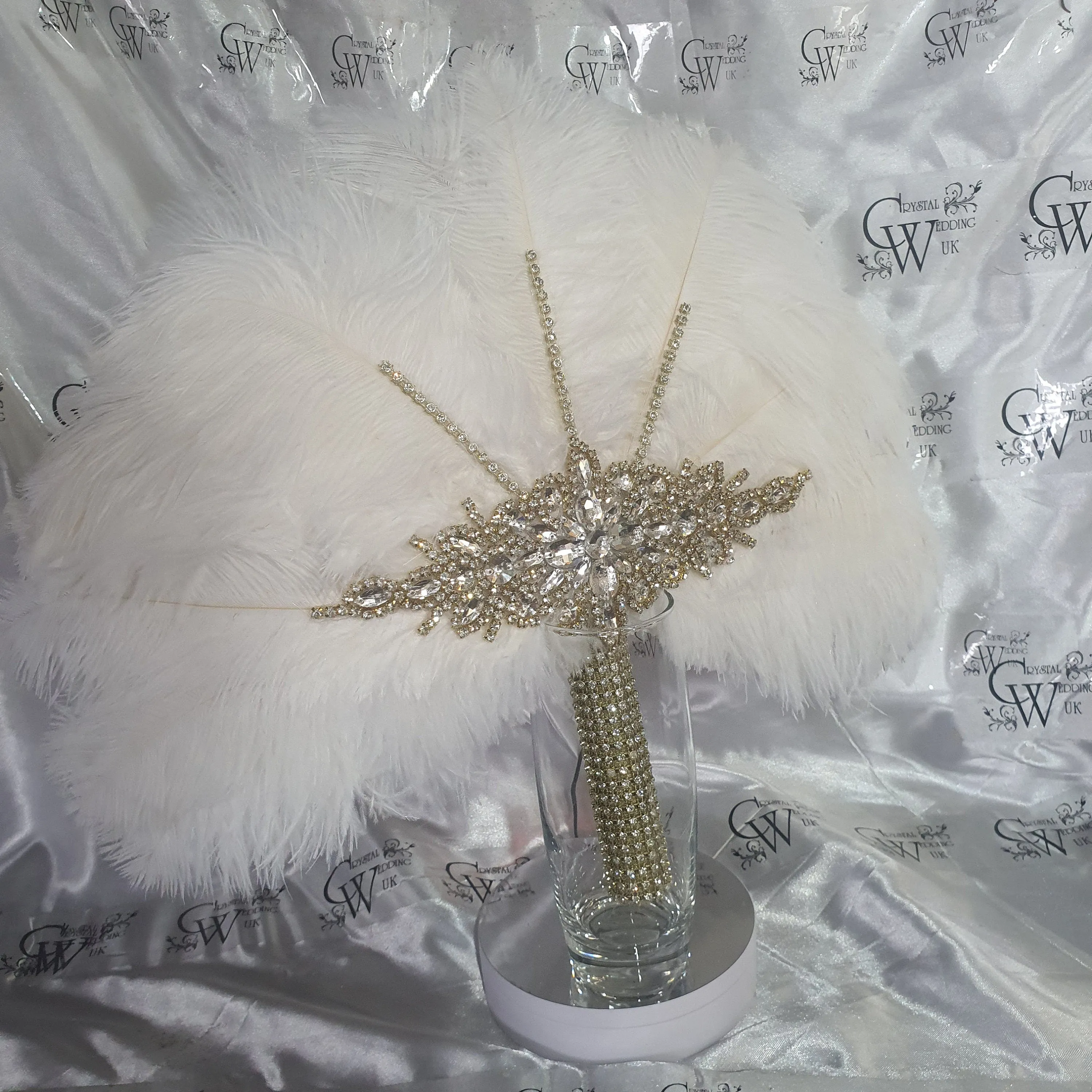 Feather fan  in natural white and gold , Ostrich feather wedding fan custom made by Crystal wedding uk