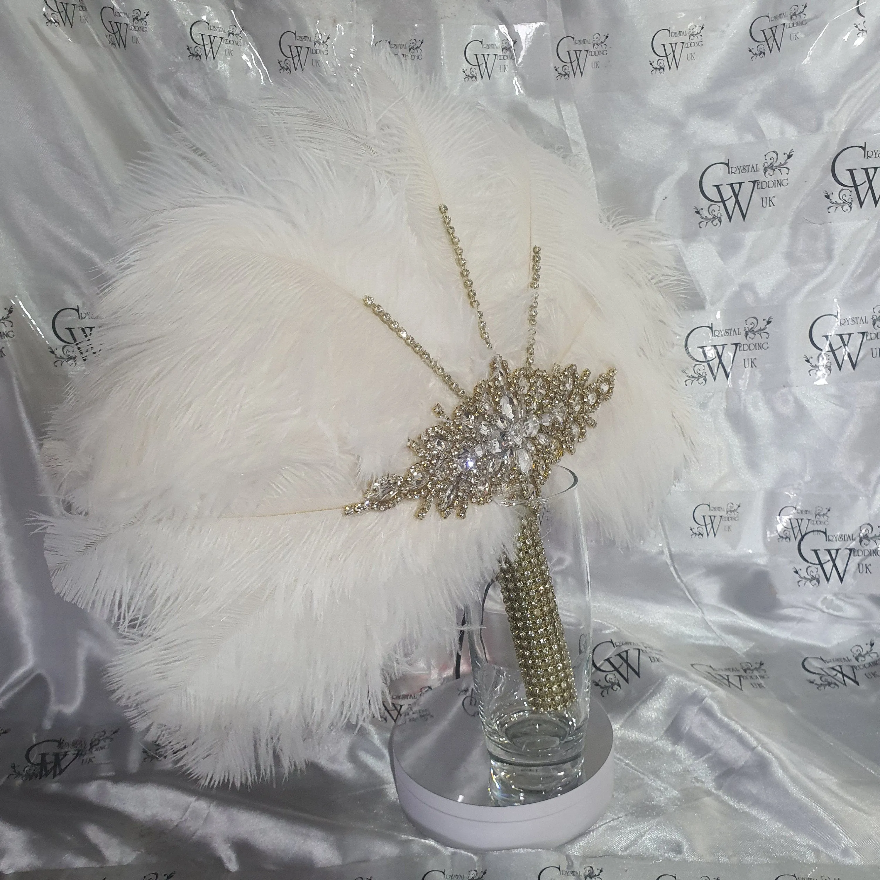 Feather fan  in natural white and gold , Ostrich feather wedding fan custom made by Crystal wedding uk