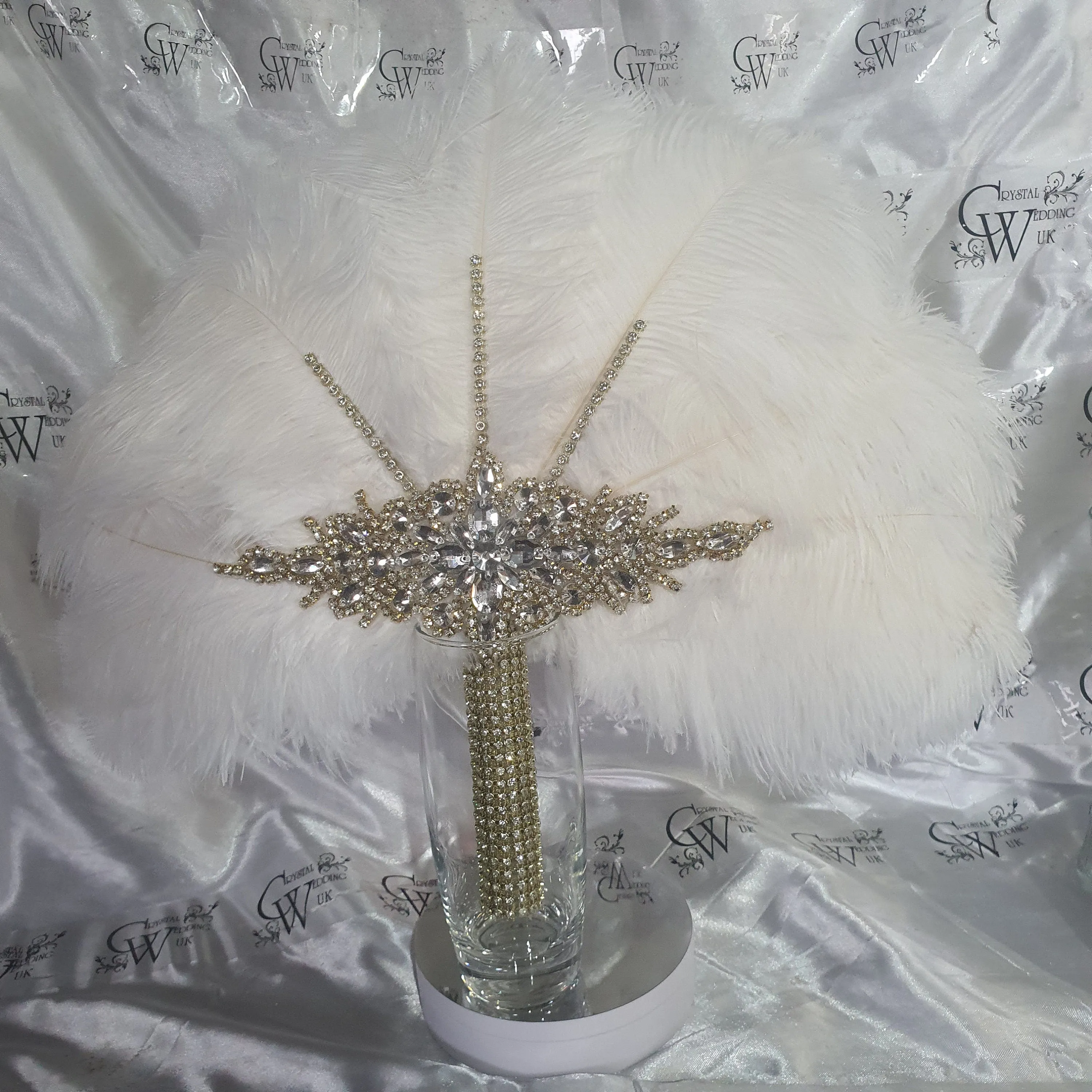 Feather fan  in natural white and gold , Ostrich feather wedding fan custom made by Crystal wedding uk