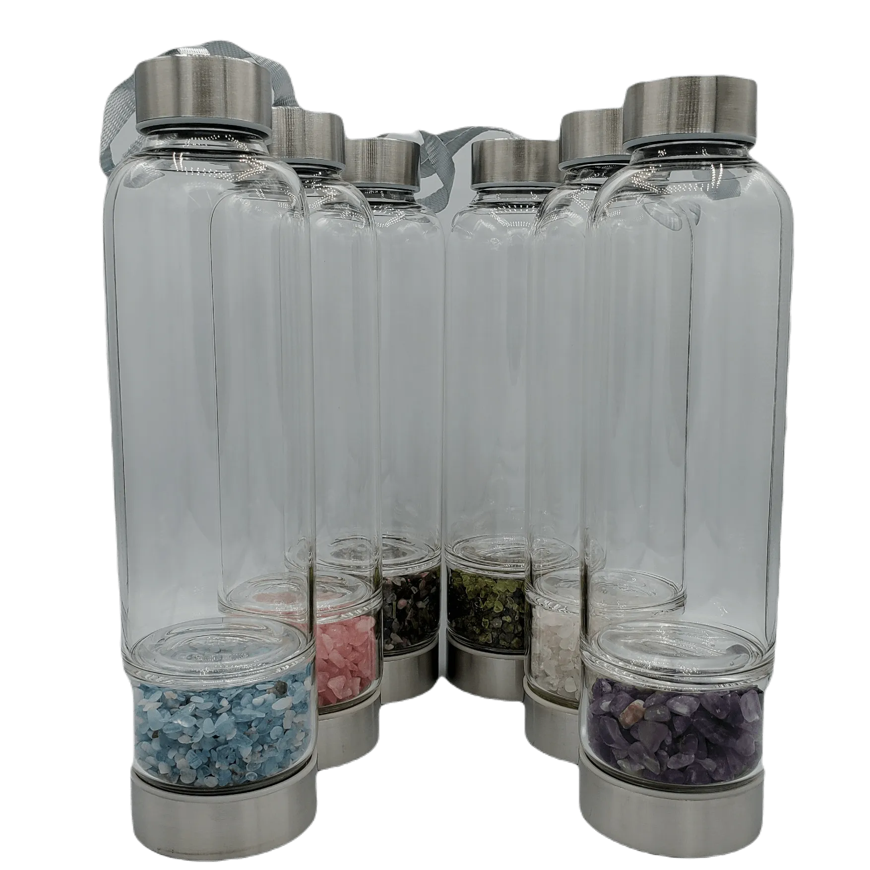 Gem Crystal Chip Glass Water Bottle Amethyst, Olivine, Rose Quartz, Aquamarine, Tourmaline