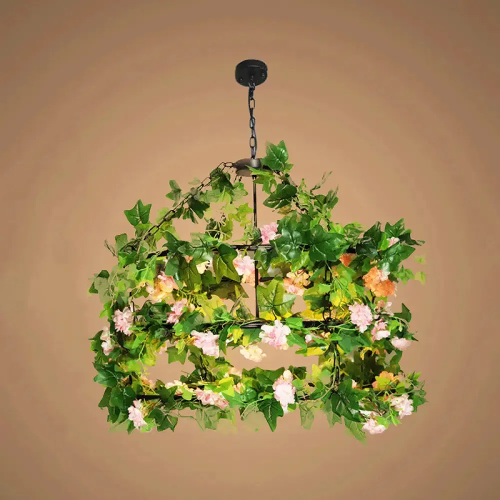 Geometric Vintage Chandelier with Artificial Plants - Metal Ceiling Light Fixture