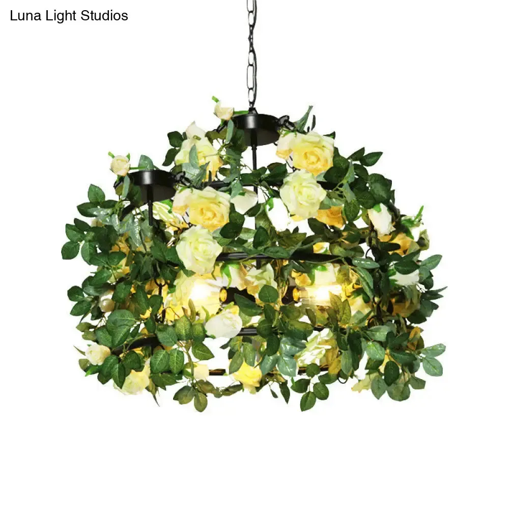 Geometric Vintage Chandelier with Artificial Plants - Metal Ceiling Light Fixture