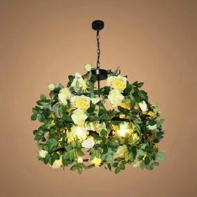 Geometric Vintage Chandelier with Artificial Plants - Metal Ceiling Light Fixture