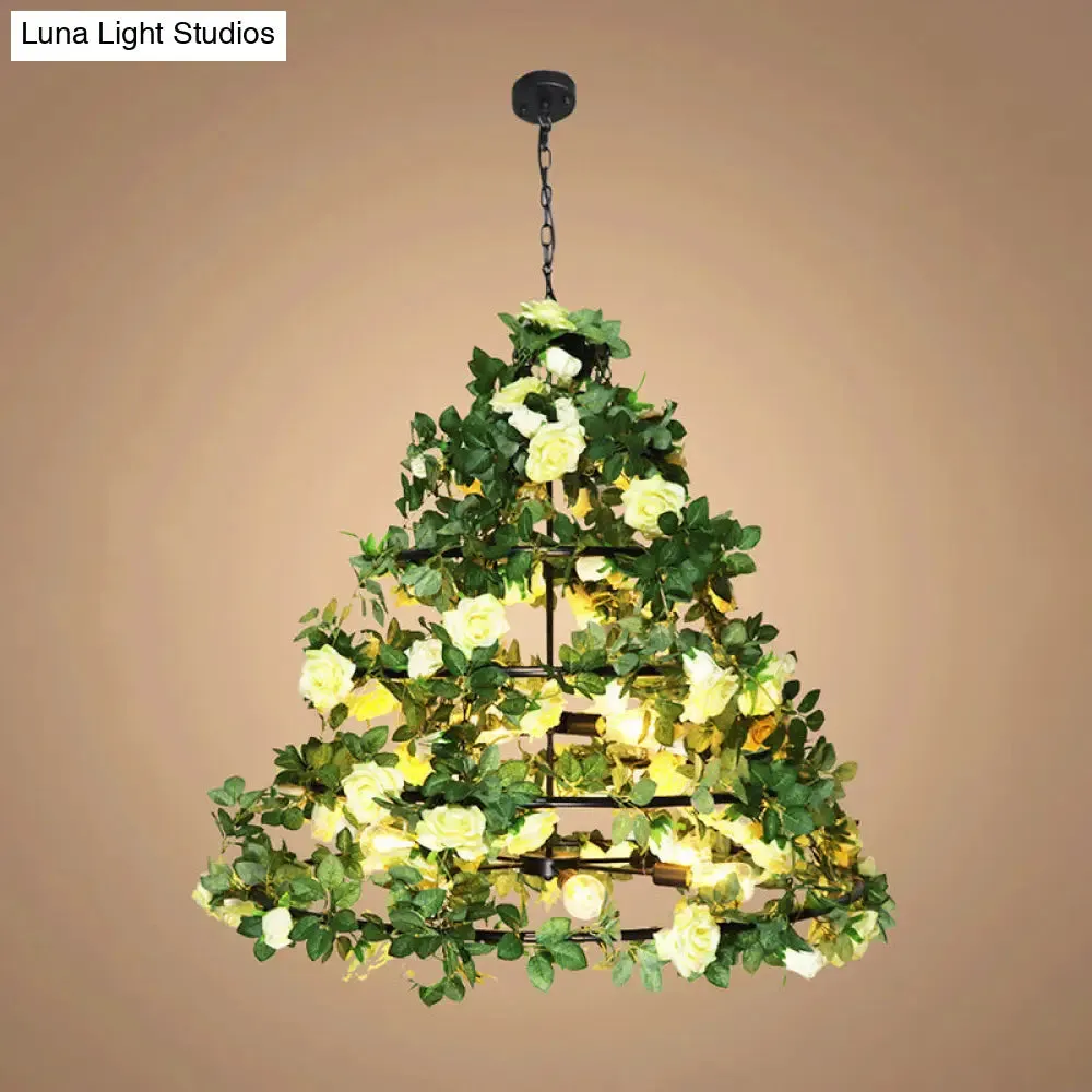 Geometric Vintage Chandelier with Artificial Plants - Metal Ceiling Light Fixture