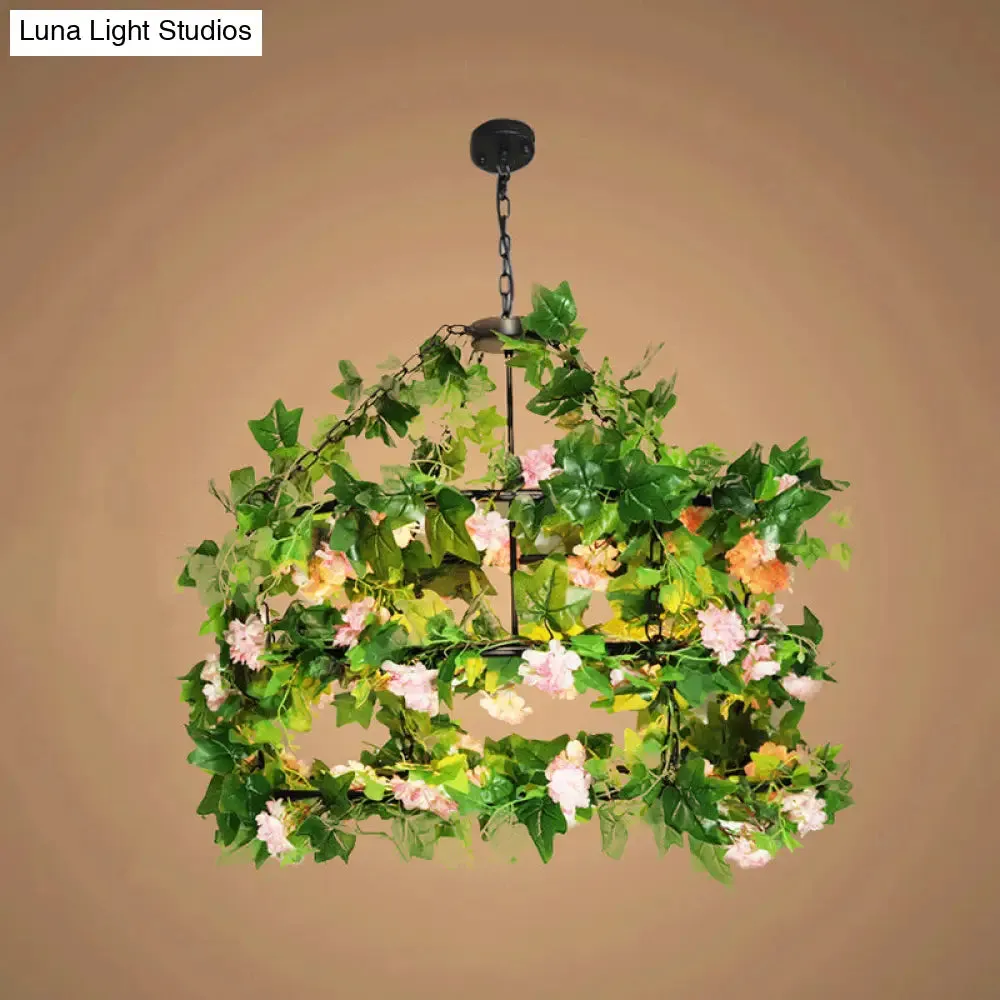 Geometric Vintage Chandelier with Artificial Plants - Metal Ceiling Light Fixture