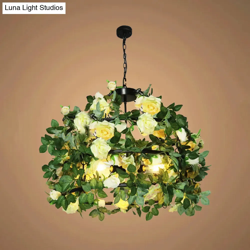 Geometric Vintage Chandelier with Artificial Plants - Metal Ceiling Light Fixture