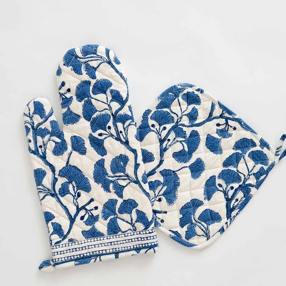 Ginkgo Blue Oven Mitt Set