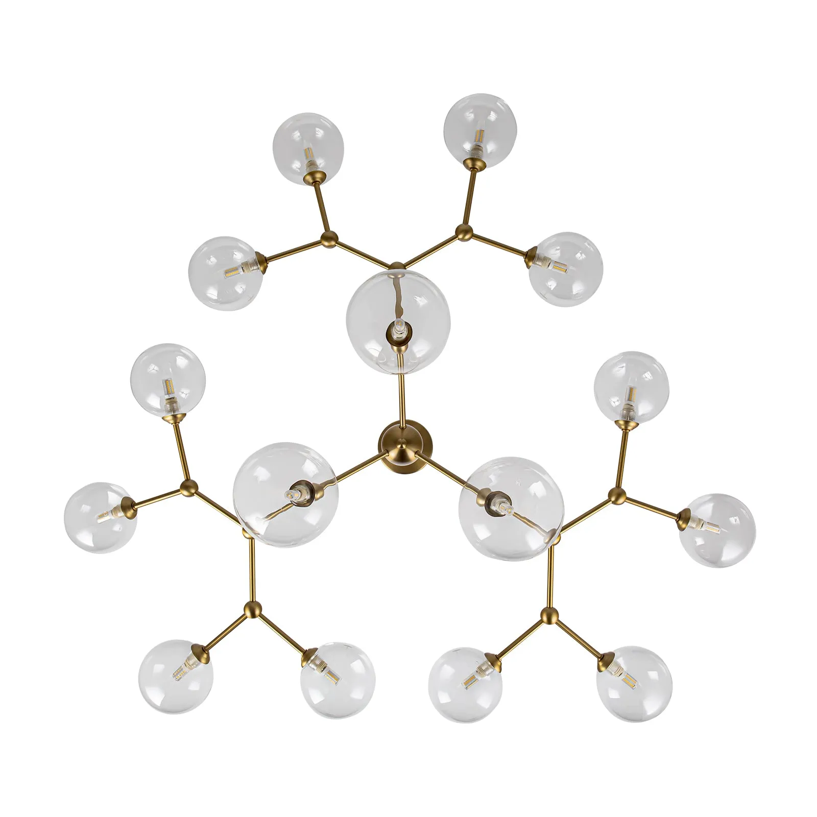 Glowlings 15-Light Clear Glass Brass Linear Branch Sputnik Bubble Chandelier