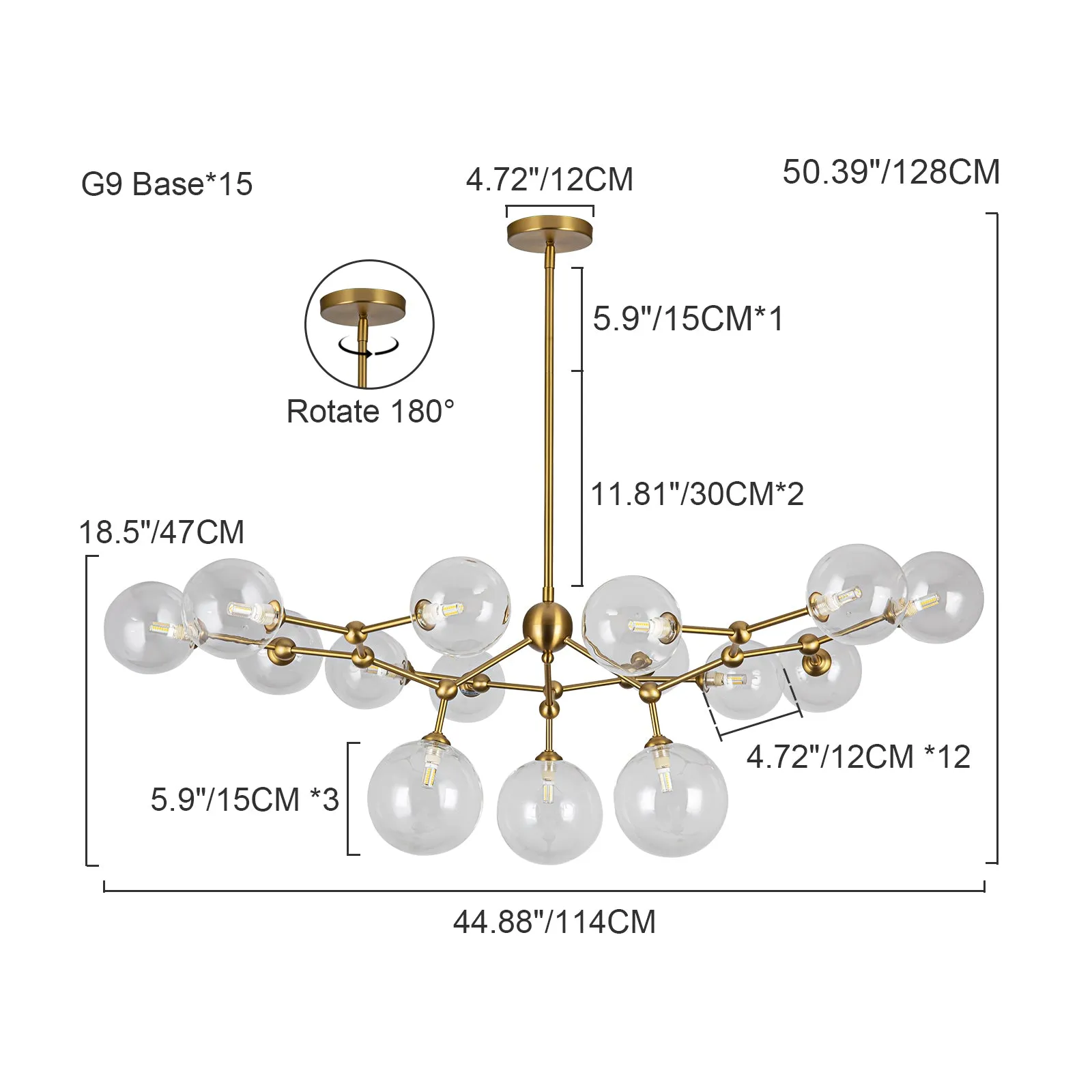 Glowlings 15-Light Clear Glass Brass Linear Branch Sputnik Bubble Chandelier