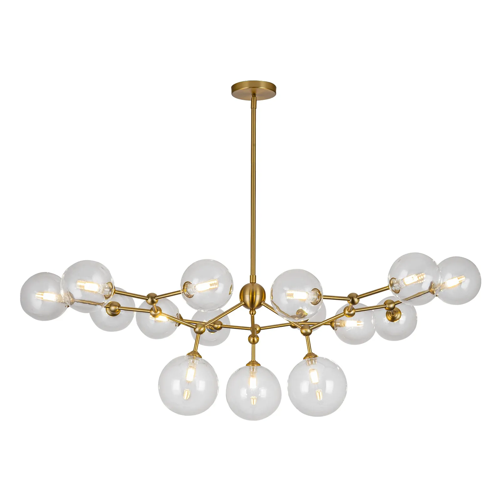 Glowlings 15-Light Clear Glass Brass Linear Branch Sputnik Bubble Chandelier