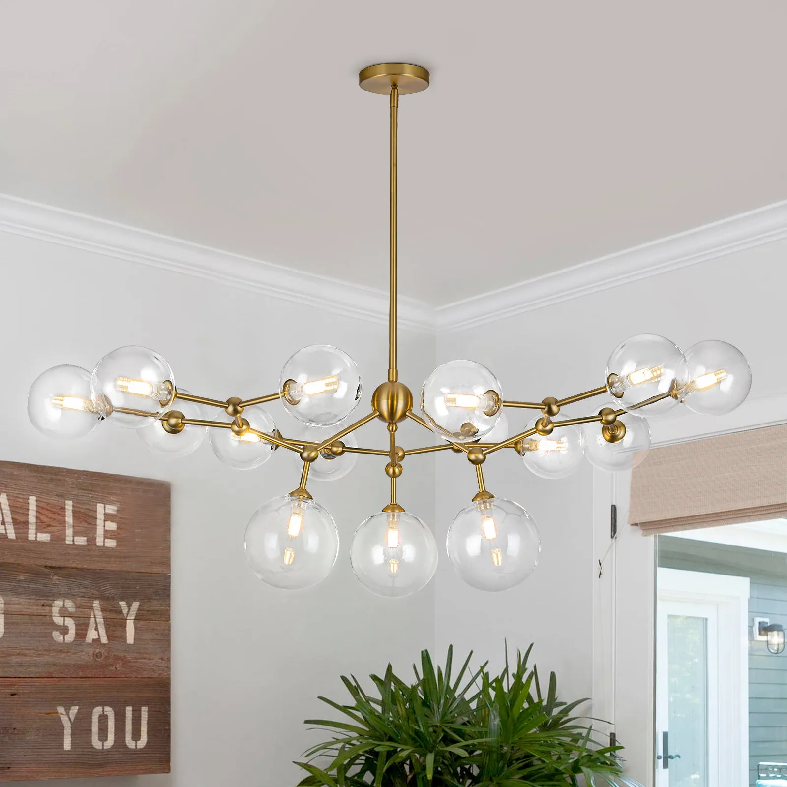 Glowlings 15-Light Clear Glass Brass Linear Branch Sputnik Bubble Chandelier