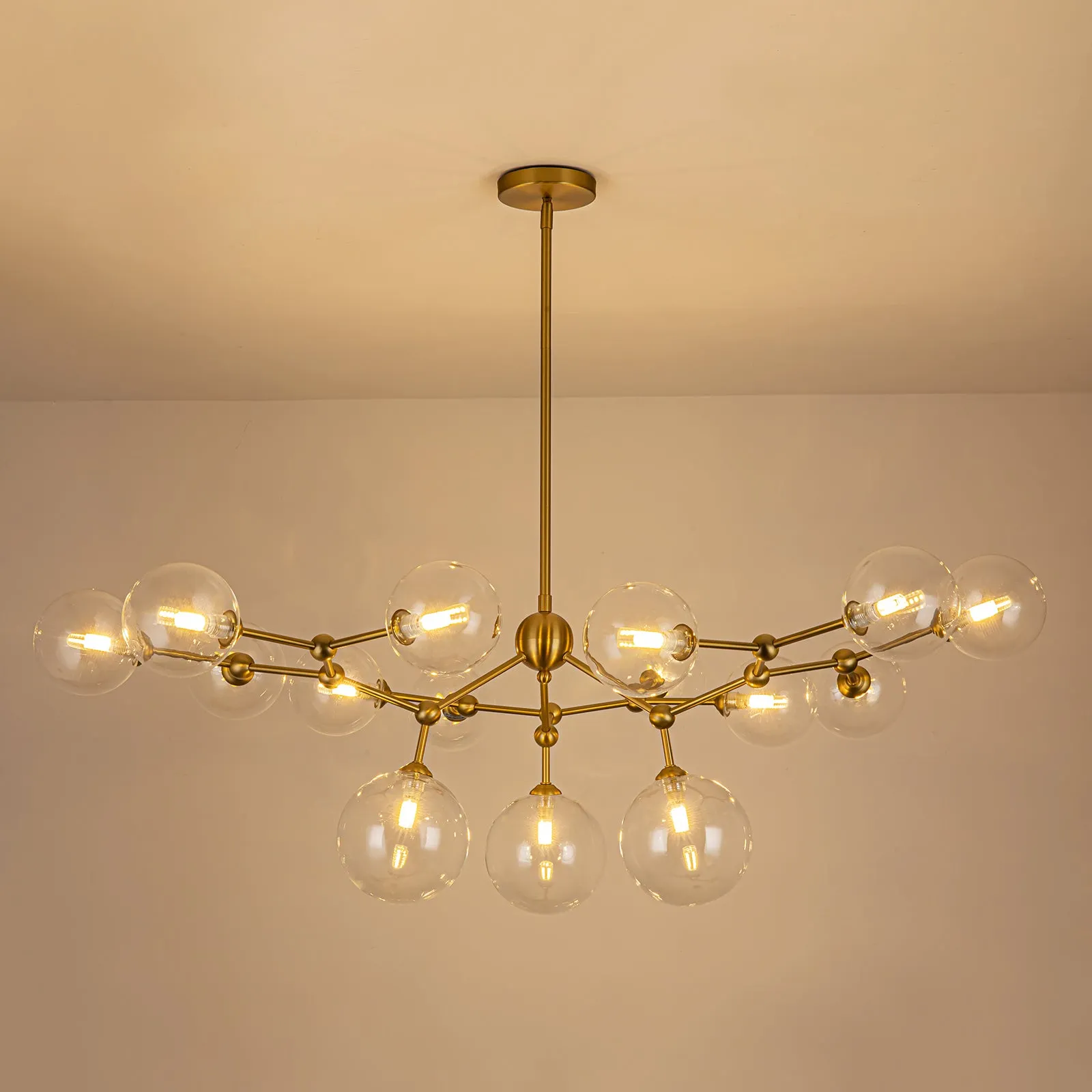 Glowlings 15-Light Clear Glass Brass Linear Branch Sputnik Bubble Chandelier